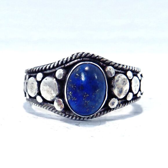 Sterling Silver Ring Women Sz 6 w/ Oval Blue Moonstone, Textured Band - Picture 1 of 9